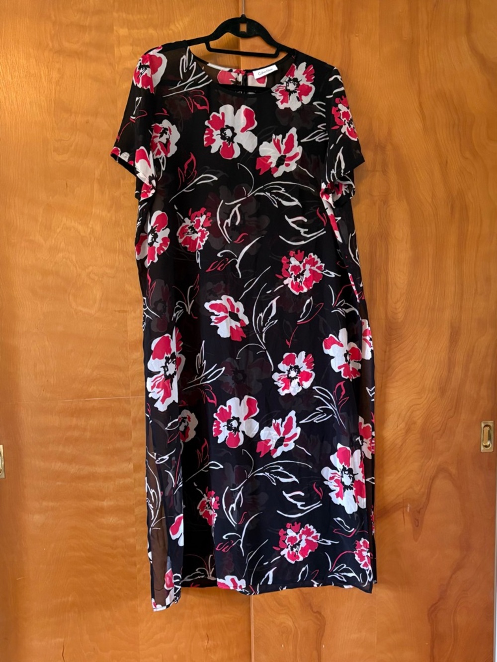 CALVIN KLEIN Sheer Black Floral Midi Dress. Pink and white pattern.  Women’s XL